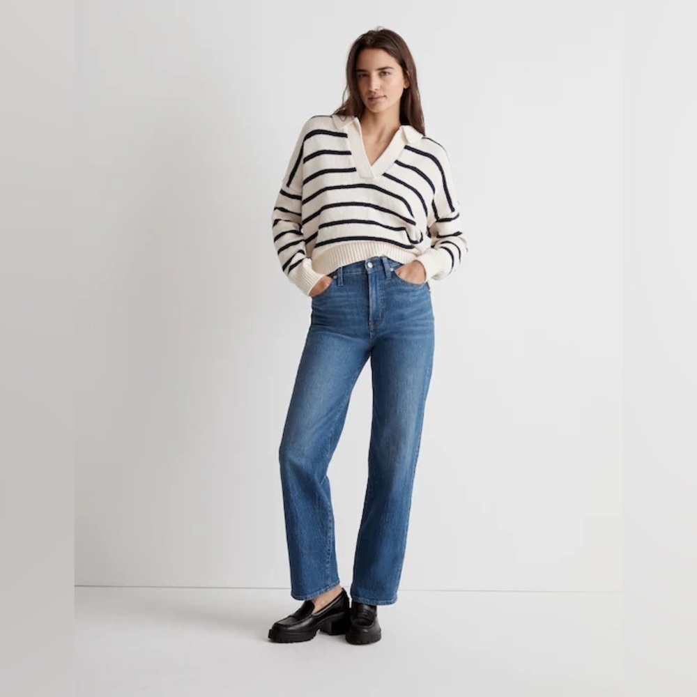 Madewell Dedham Polo Sweater in Stripe Size L Cotton